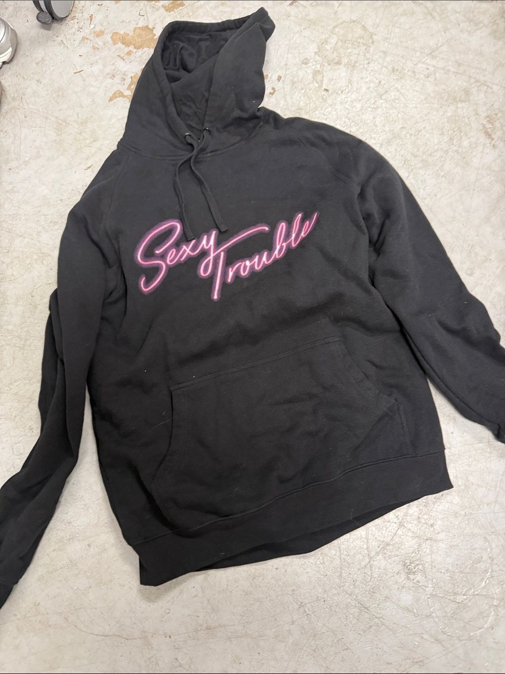 Sexy Trouble Black Hoodie with Pink Script GOOD LUCK DRY CLEANERS - Size Medium